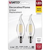 Satco 3012445 60W Equivalence CA10 Flame Tip E12 Candelabra Filament Warm White LED Bulb Pack of 2