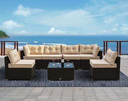 Urest 7 Pieces Patio PE Rattan Sofa Set Outdoor Sectional Furniture Wicker Chair Conversation Se ...