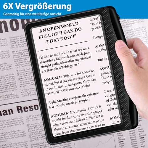 6 x Magnifying Glass with Light, Reading Magnifier for Seniors, Large, Rechargeable Dimmable LED Handheld Magnifier, Lightweight Book Magnifier for Reading Newspapers, Small Print, Ideal Magnifying