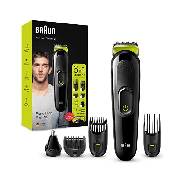 Braun-6-in-1-All-in-one-Trimmer-3-MGK3221-Hair-Clipper-and-Beard-Trimmer-with-Lifetime-Sharp-Blades-Ear-Nose-Trimmer-Head-5-Attachments-BlackVolt-Green-UK-2-Pin-Bathroom-Plug Braun 6-in-1 All-In-One Series 3, Male Grooming Kit With Beard Trimmer, Hair Clippers & Precision Trimmer, 5 Attachments…