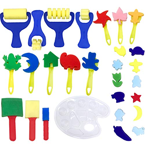 Barbella 46 Pieces Sponge Paint Craft Brushes for Toddlers Assorted Pattern, Including Children Waterproof Art Painting Smock Apron (46pcs) - Thumbnail 5