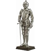 13 Inch Medieval Armored Knight with Sword Figurine, Silver Color