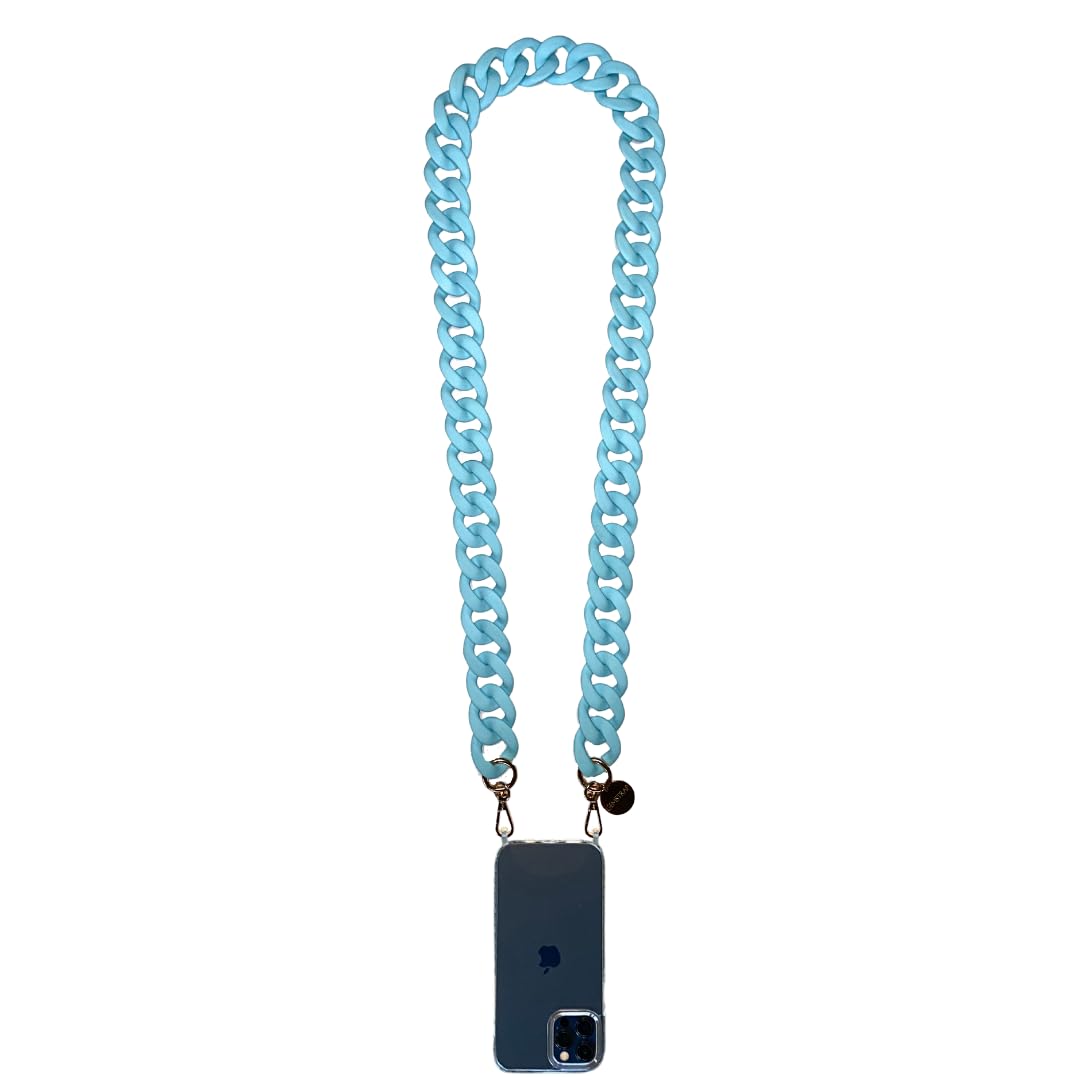 GEMSTRAP Phone jewelry chain - Smartphone necklace - 120cm - Ultra-resistant resin with golden carabiners and universal phone attachment - Matte Azure Blue color - Large — image 1