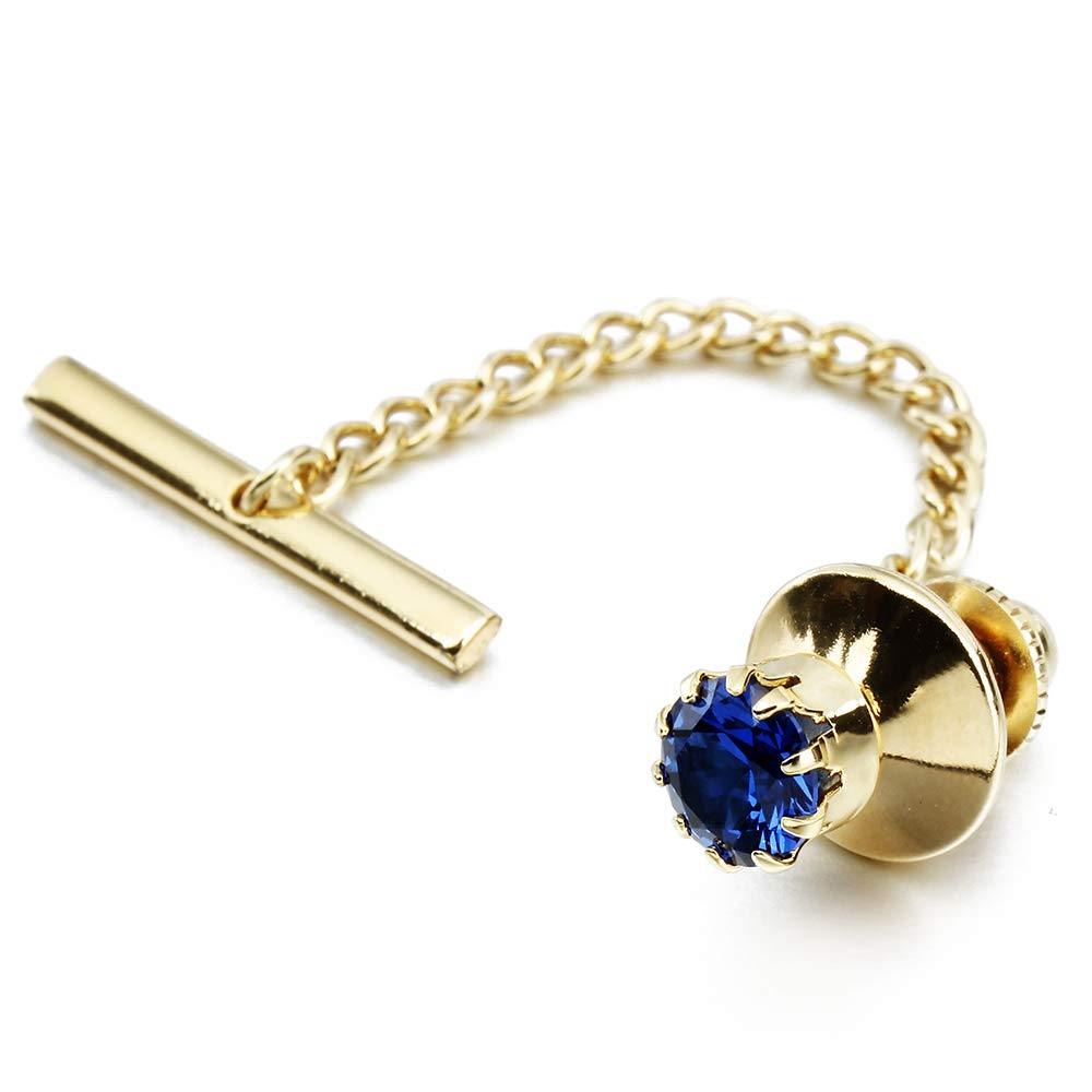 HAWSON Mens Crystal Tie Tack with Chain Gold Tie Clip Party Accessories 3 Color Options (Dark Blue)