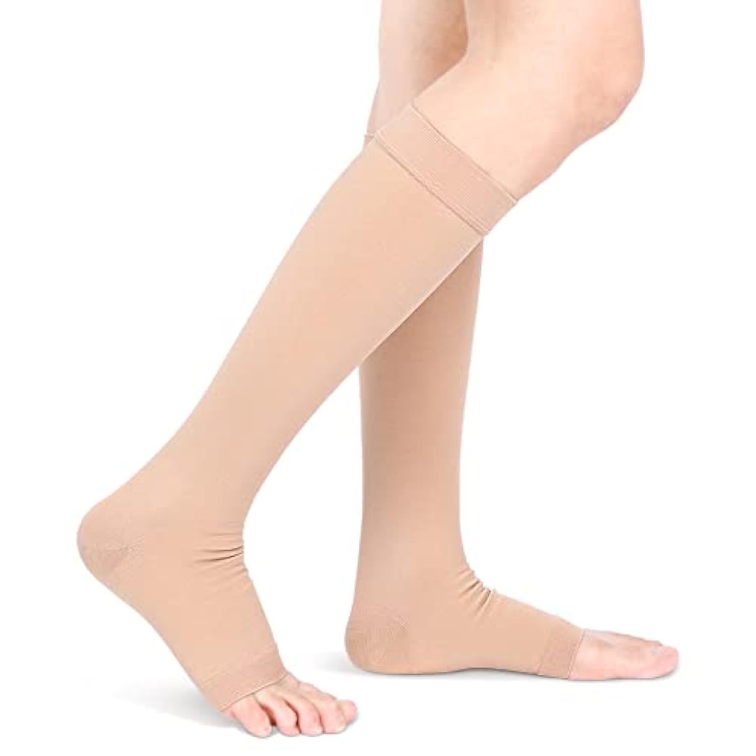 Open Toe Compression Socks for Men Women, Compression Stockings for Flight Pregnancy Travel Work Varicose Veins, 20-30 mmHg Graduated Support Knee High Calf Compression Sleeves(M-Skin)