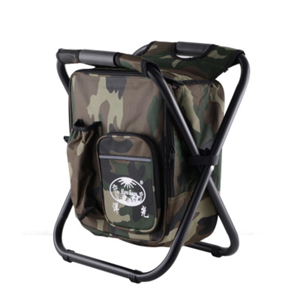 Vllcsla 2 in 1 Fishing Chair Carry Bag Wear-resistant Folding Camping Stool, for Adults 150kg, Heavy Duty, Cooler Insulated Bag, High-strength Steel, Oxford Fabric Fishing Stool Backpack (Camouflage)