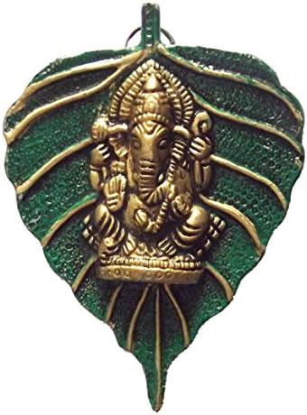 HAND CARVED METALLIC GREEN GANESH STATUE ON LEAF WALL HANGING HINDU GOD (SMALL)