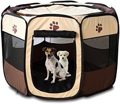 Petoice 2-Door Foldable Portable Mesh Pet Playpen Kennel Pens for Dogs Cats Rabbits Outdoor Indoor,Brown,M(35.4"L x 35.4"W x 23.6"H)