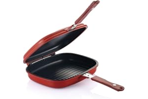 Happycall Nonstick Double Pan, Jumbo Grill, Double Sided Pan, Square, Dishwasher Safe, Deep Pan, Chicken, Steak Pan, Red