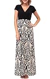 Zattcas Womens Summer Contrast V neck Empire Waist Floral Print Maxi Dress (Large, Taupe)