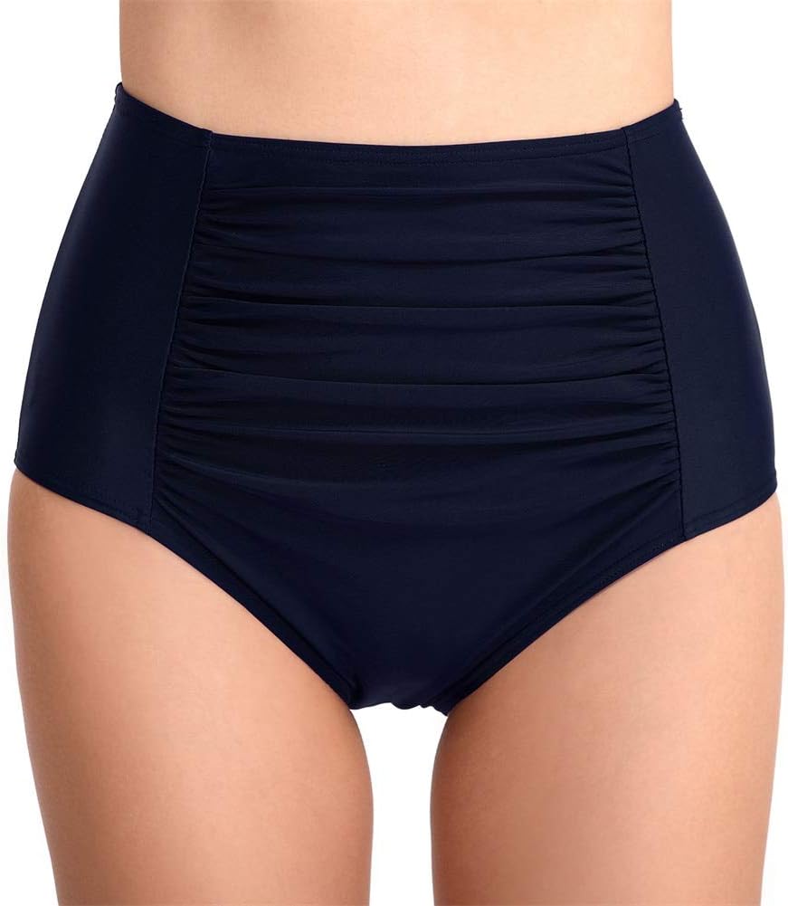 Women's Bikini Bottom High Waist Pleated Solid Color Swim Briefs Tummy Control