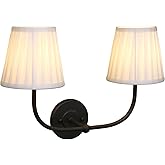 PERMO Vintage Sconce Black 2-Lights Wall Sconces with Pleated White Stripe Fabric Shades Retro Bathroom sconces Hardwired Dou