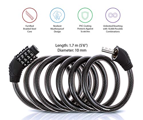 Ardent Cable Bike Lock Combination - no Key - Heavy Duty Extra Long 6ft Steel Chain - for all Road & Mountain Bicycles - Easy Resettable Number Combo for Kids and Adults - Best for Outdoor Use