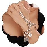 Wiwpar Bohemian Reto Coin Tassel Chain Vintage Link Bracelet with Slave Finger Rings Retro Coin Bracelet Halloween Jewelry Gift for Women Bar Prom Party