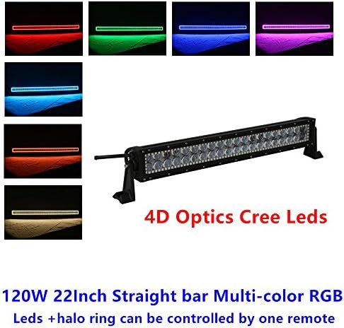 Nicoko 120w 4D 22Inch Straight Cree Leds light bar with RGB halo Ring light strip kit Combo Bean Fog Lights Driving Jeep Wrangler 4WD 4x4 offroad car lamp SUV + Free Turn on/off switch wireharness