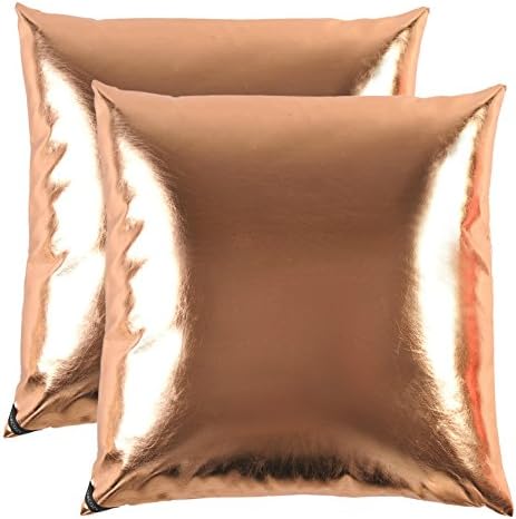 SurCozy Luxury Modern Metallic Soft PU Cushion Cover, Faux Leather Shiny Silver/Golden Decorative Throw Pillow Case for Sofa/Bed/Party (Copper, A Set of Two, Each 18"x18")