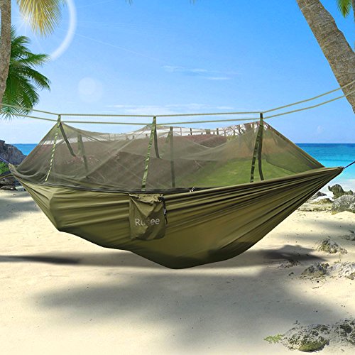 Camping Hammock, Rusee Mosquito Net Outdoor Hammock Travel Bed Lightweight Parachute Fabric Double Hammock For Indoor, Camping, Hiking, Backpacking, Backyard - Thumbnail 5