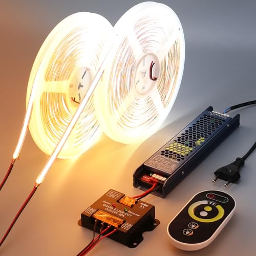 BENLUN CCT COB LED Strip 24V 20M (10M x 2), 2700K-6500K White Adjustable LED Strip, 10W/M CRI 93 Dimmable LED Strip, Remote Control and Power Supply Included, for Bedroom, Kitchen