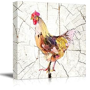 Square Canvas Wall Art - Watercolor Style Roosteron Vintage Wood Effect Background - Giclee Print Gallery Wrap Modern Home Art Ready to Hang - 12x12 inches