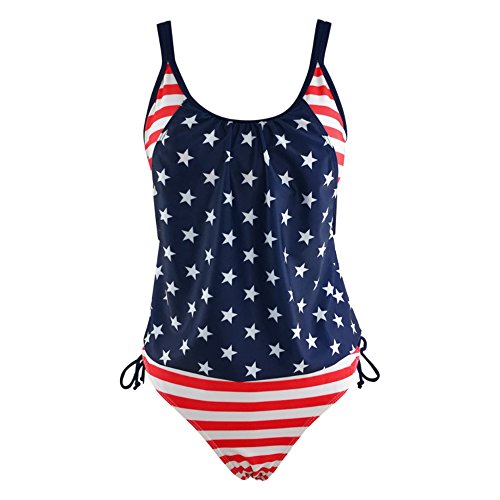 Women's Bikini Stripes Lined Up Double Up Tankini Top Swimwear Swimsuit Set (L, National Flag Print)