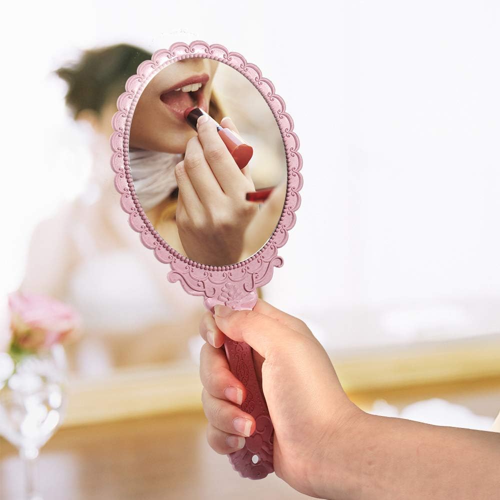 Tinland Hand Mirror with Handle Vintage Handheld Mirror Personal Vanity Makeup Compact Beauty Salon Mirror 9.8x4.5in(Pink): Home & Kitchen