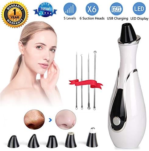 Blackhead Vacuum,Pore Vacuum Electric Remover Comedo Rechargeable Machine with 6 Replaceable Suction Heads,5 Adjustable Suction Level and Bonus Blackhead Remover tools for Women Men Face Nose.(White)