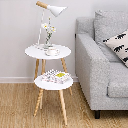 SONGMICS Round Coffee Table, Modern Minimalist Table, Set of 2 Coffee Tables with Pine Wood Legs, Scandinavian Style, for Living Room, Balcony, White and Natural LET07WN