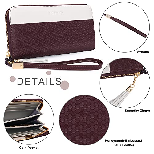 Pomelo Best Damen Geldbeutel Groß Portmonee mit Münzfach, Handyfach und Handschlaufe Waben gesprägte Geldbörse für Frauen (Rot)