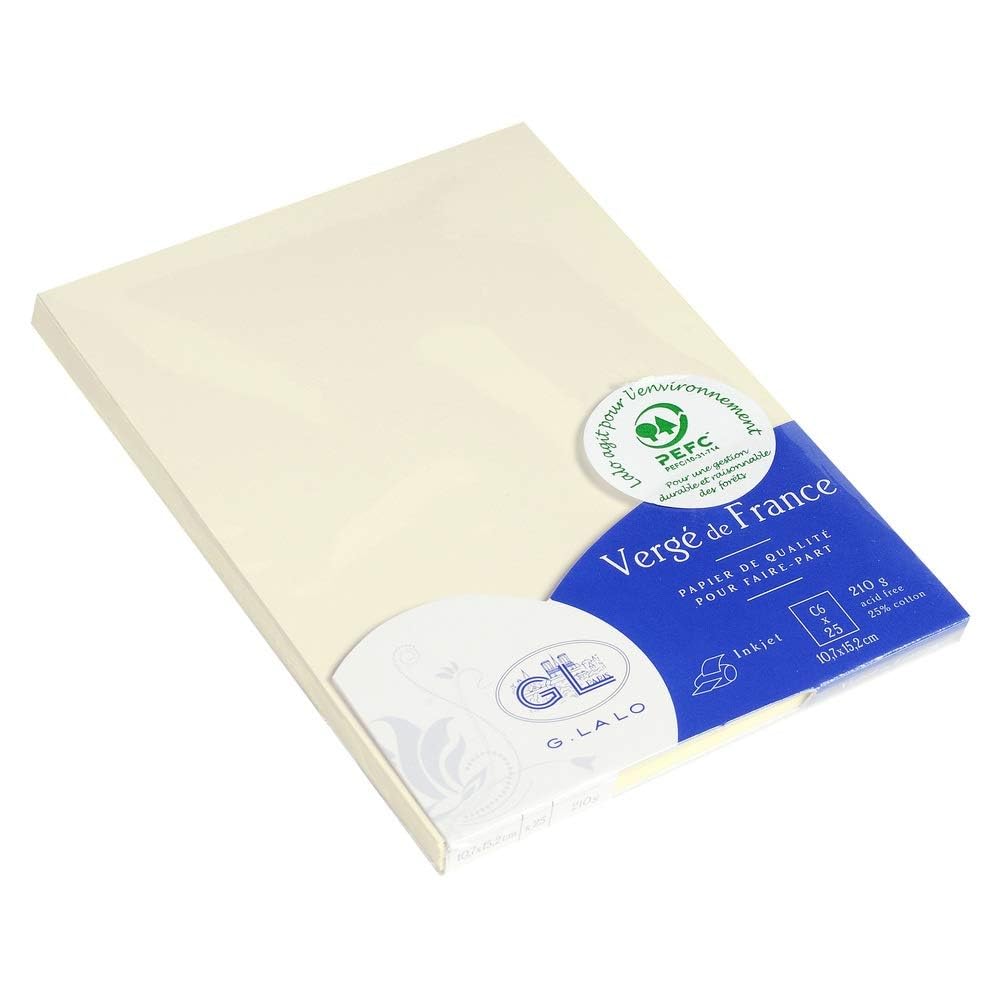 Lalo 16816L - Verge De France Pack of 25 Single Cards. Size: C6 10.7x15.2 cm 210g, Laid Paper from France, Ivory, Lined, Correspondence, Paper Made in France.