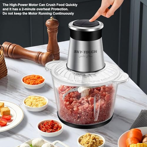 SKY-TOUCH Food Chopper & Mincer,300W Glass Grinder Chopper,2 Speed,4 Detachable Stainless Steel Blade,for Precision, Ice Crushing, Mincing，Anti Slip Ring
