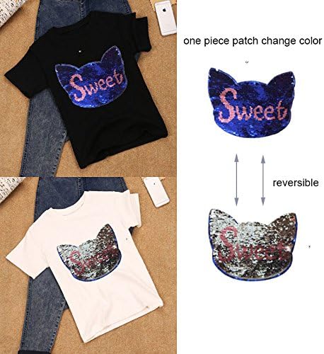 ESH7ESH7 Cat Reversible Change Color Sequins Patches for Clothes Bag T-Shirt Embroidery Reversible Sequin Sweet Cat Patch