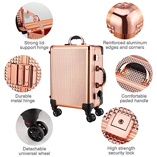 Ovonni Makeup Train Case with Bluetooth Speaker, Free Standing Portable Makeup Station with Lighted Mirror, Cosmetic Organizer Box for Makeup Storage, Rolling Artists Travel Studio for Women - Thumbnail 4