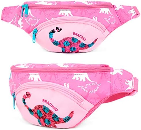 Waist Fanny Hip Pack Pouch Crossbody Waist Coin Purse Bag Dinosaur Childs bumbag for Kids Children, Girls, Boys (Brachio Pink)