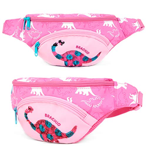 Waist Fanny Hip Pack Pouch Crossbody Waist Coin Purse Bag Dinosaur Childs bumbag for Kids, Children, Girls, Boys (Brachio Pink)