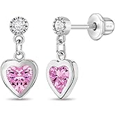 In Season Jewelry CZ Dangle Heart Kids Earrings - 925 Sterling Silver Hypoallergenic Earrings for Girls with Secure Screw Backs - Safe & Comfortable for Toddlers, Kids & Little Girls