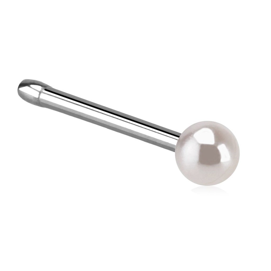 PiercedOff 316L Surgical Steel Nose Bone Stud with Pink Imitation Pearl Ball - Thickness 20GA (0.8mm) / Length 6mm / Pearl Ball Size 2mm