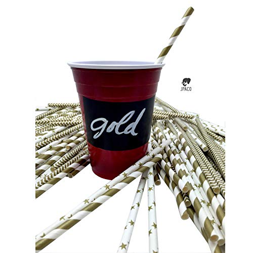 JPACO Gold Paper Straws (75 Pack, Stripe, Chevron, Star Designs) 100% Biodegradable