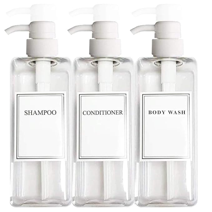 Download Amazon Com Ezpro Usa Empty Plastic Square Bottles With White Pumps With Shampoo Conditioner For Shower Soap Lotion Stickers 27oz 800ml Set Of 3 Kitchen Dining