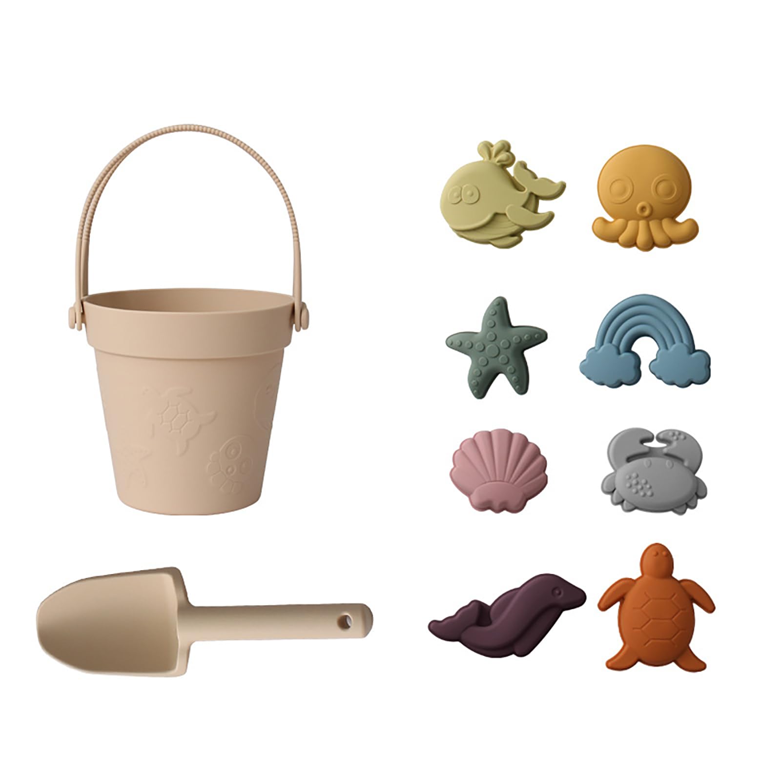 JasCherry Beach Toys for Kids, 10Pcs Silicone Beach Toy Set, Collapsible Beach Bucket, Spade, Scallop Octopus Sand Molds for Beach Party Camping Fun Summer Activities Christmas (B)