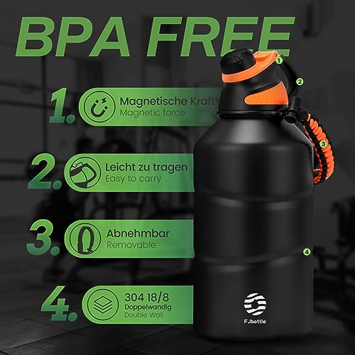 Fjbottle Gym Thermal Water Bottle 1900 ml – Leakless – Sports Bottle with Magnetic Cap, BPA-Free Stainless Steel Water Bottles for Sports, Camping, Yoga