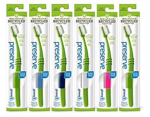 Preserve Toothbrushes in Lightweight Pouch, Medium Bristles, 6-Count (Colors Vary)