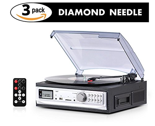 Cassette & Record Player with 3 Pack Diamond Tip Needle – Relive Unforgettable Memories – Easily Record Music from Vinyl/Cassette to MP3 via USB/SD Card – Plug & Play with Built in Speakers