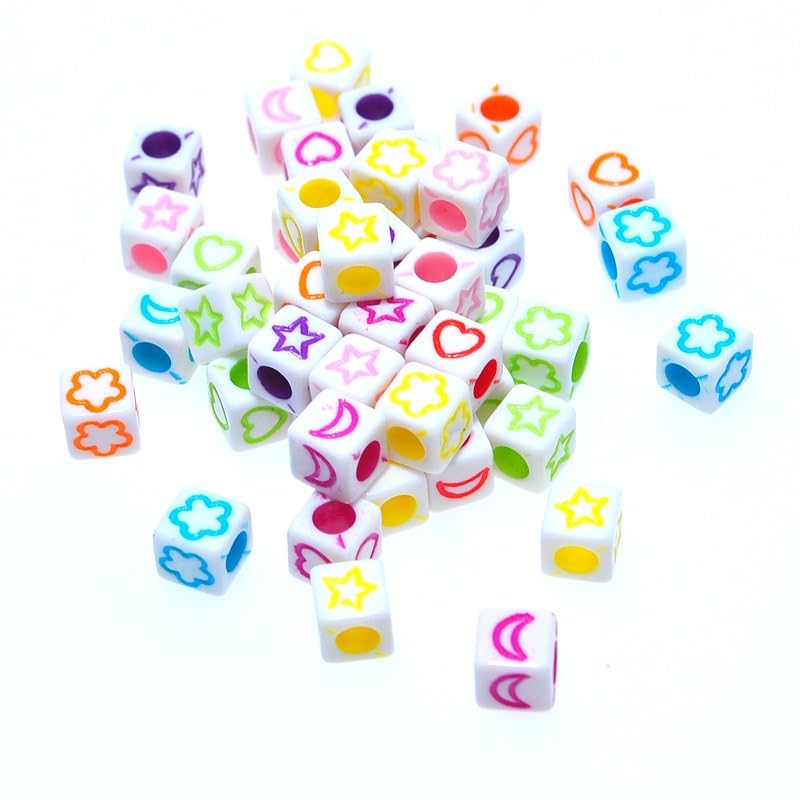 Set of 400 Acrylic Beads Cubes 6 mm White Beads with Colourful Hearts, Flower, Moon Stars Motifs, Jewellery Beads for Threading Craft Beads with 3 mm Hole