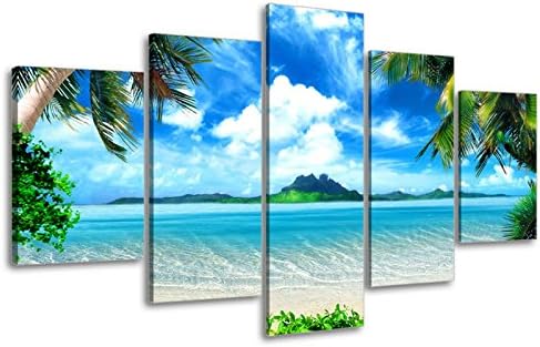 Very Artistic Wall Art of Palm Trees and Caribbean Island Picture, Seascape Canvas Prints for Living Room, Blue, 1" Thick, Hooks Mounted, Waterproof, Extra Large Size