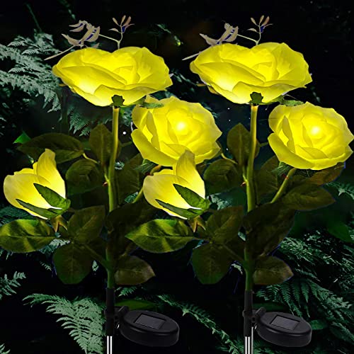 XRR Solar Lights Outdoor Garden 2 Pack Solar Rose Flower Lights Solar Stake Lights for Lawn,Patio,Yard,Christmas Decoration (Yellow)