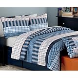 Cozy Line Home Fashions Bennett Quilt Bedding Set, Nautical Navy Orange Grid Striped Print 100% Cotton Reversible Coverlet Bedspread for Boy (Navy Orange, Queen - 3 Piece)
