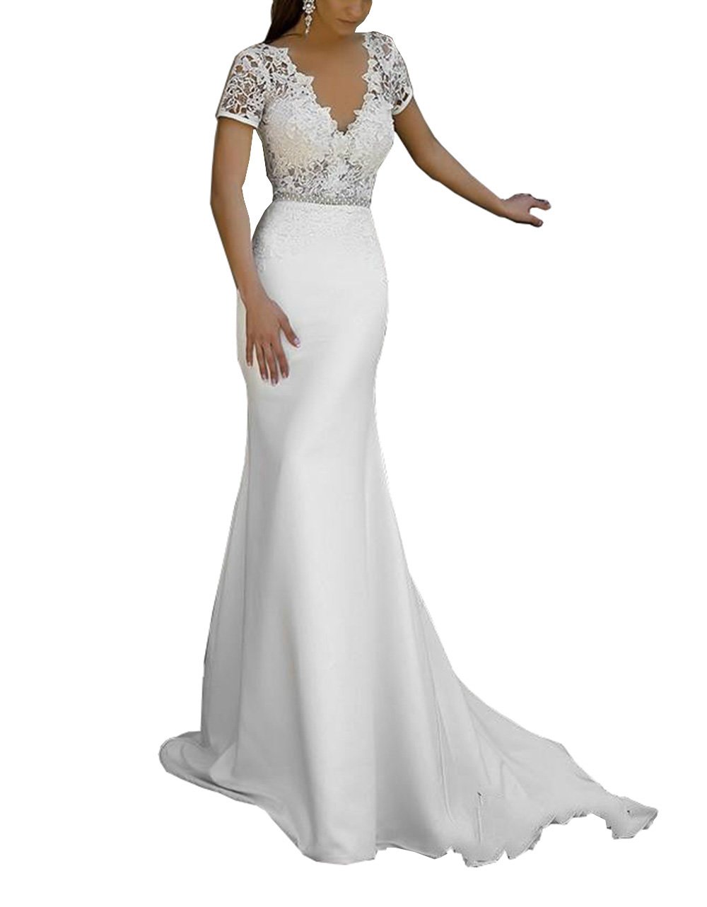 Fitty Lell Women's Mermaid Lace Wedding Dresses V Neck Cap Sleeve
