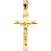 14K Yellow Gold Linear Cross 1.15" INRI Crucifix Charm Pendant Religious Jewelry