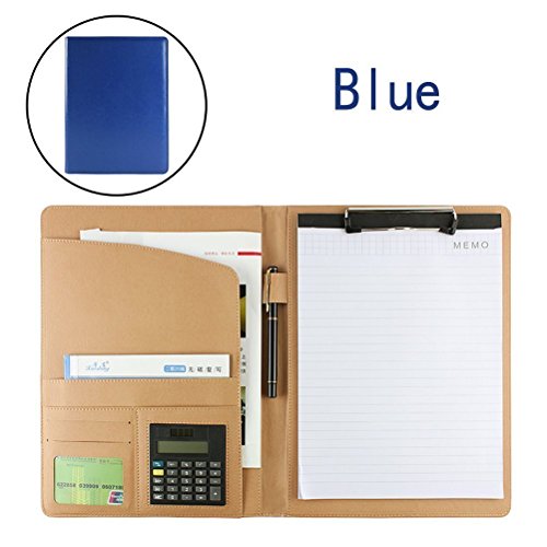 PU Leather File Folders with Pockets Clipboard Folder for A4 Letter Size Writing Pad with Calculator Inside (Blue)