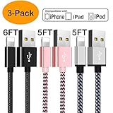OTISA Compatible Cable, Charger Cable 3Pack 6FT 5FT 5FT, Long Durable Nylon Braided Charging Cable, Charger Cord Compatible Phone X 8 7 SE 6S 6 5C 5S Plus Pad Mini Air Pro Black Silver Pink
